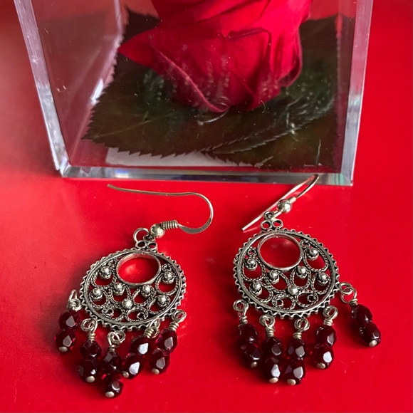 925 Sterling Silver Jewelry - 925 Sterling Silver Earrings,Filigree Dangle Earrings with Garnet Red Bead Drops